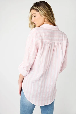 Striped Double-Cotton Tunic Length Shirt with Roll-Up Sleeves