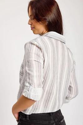 Stripe Roll-up Sleeve Shirt with Tie-Front Detail