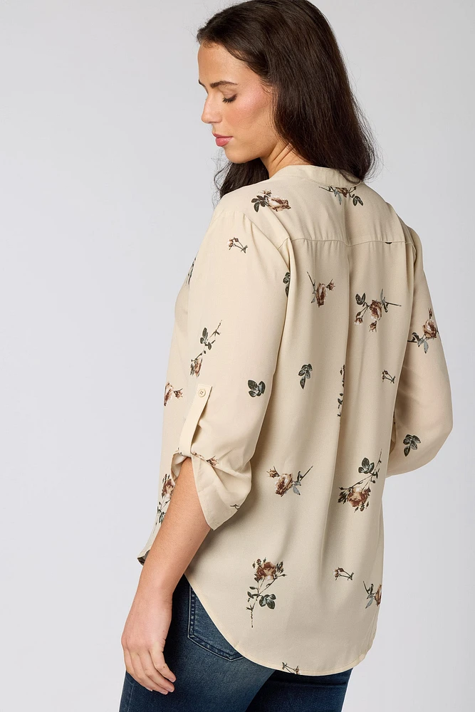 Floral Printed V-Neck Blouse with Roll-Tab Sleeves