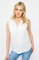 Airflow Swiss Dot Sleeveless Blouse with Lace Trim