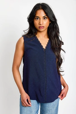 Airflow Swiss Dot Sleeveless Blouse with Lace Trim