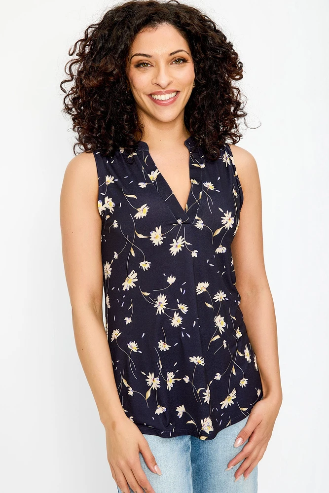 Daisy Print Sleeveless V-Neck Blouse