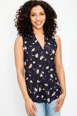 Daisy Print Sleeveless V-Neck Blouse