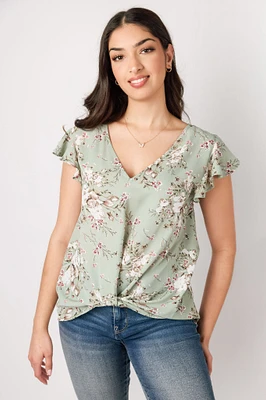 Flutter-Sleeve V-Neck Blouse with Twisted Hem