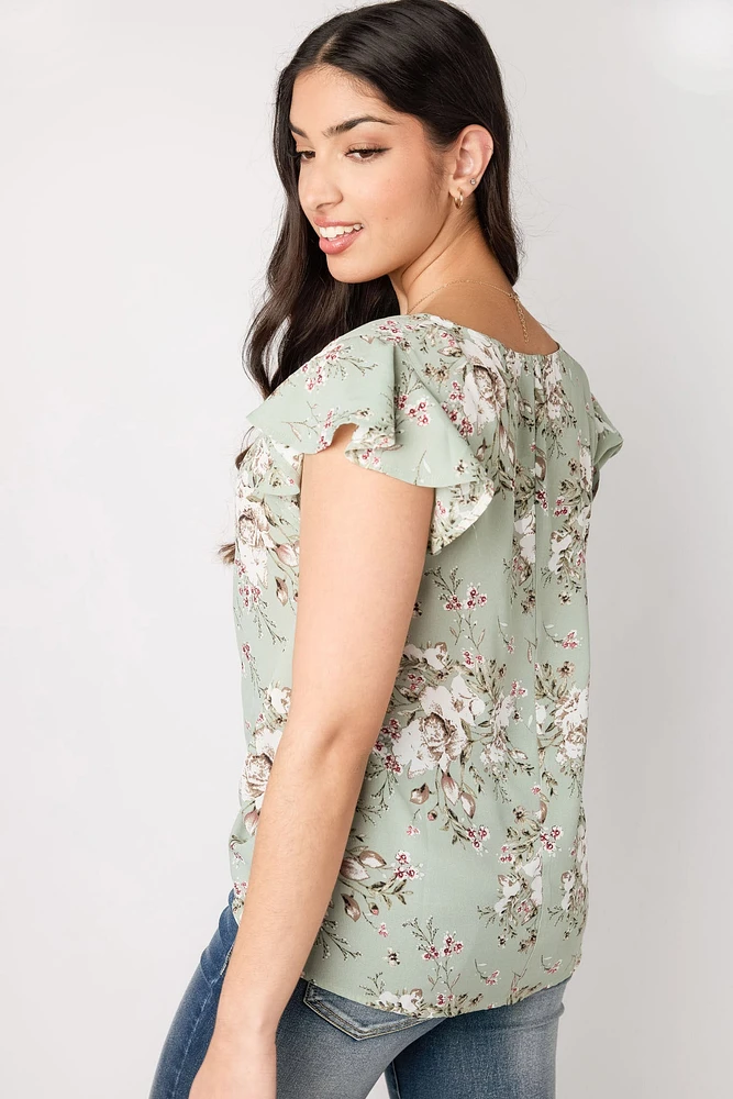 Flutter-Sleeve V-Neck Blouse with Twisted Hem