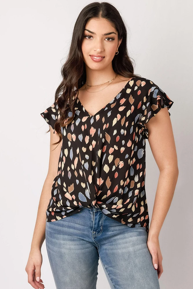 Abstract-Print Flutter-Sleeve V-Neck Blouse with Twisted Hem