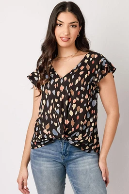 Abstract-Print Flutter-Sleeve V-Neck Blouse with Twisted Hem