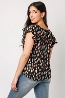 Abstract Flutter-Sleeve V-Neck Blouse with Twisted Hem