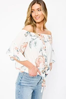 Floral Off-The-Shoulder Bell-Sleeve Blouse with Tie-Front