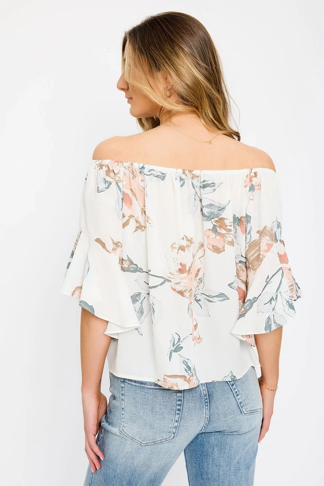 Floral Off-The-Shoulder Bell-Sleeve Blouse with Tie-Front