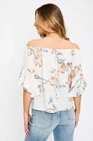 Floral Off-The-Shoulder Bell-Sleeve Blouse with Tie-Front