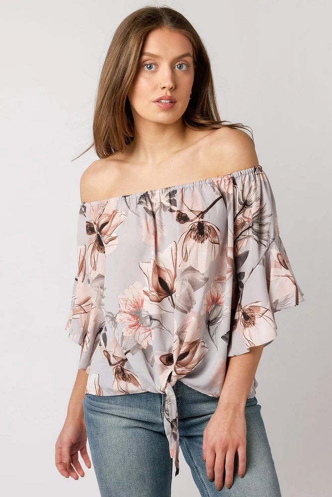 Floral Bell-Sleeve Off-The-Shoulder Blouse