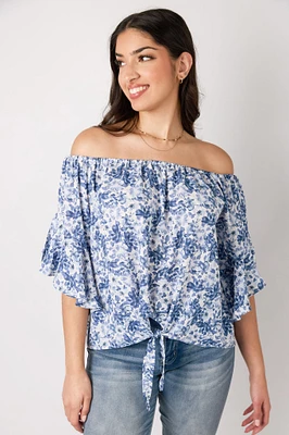 Ditsy-Floral Bell-Sleeve Off-The-Shoulder Blouse