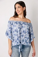 Ditsy-Floral Bell-Sleeve Off-The-Shoulder Blouse