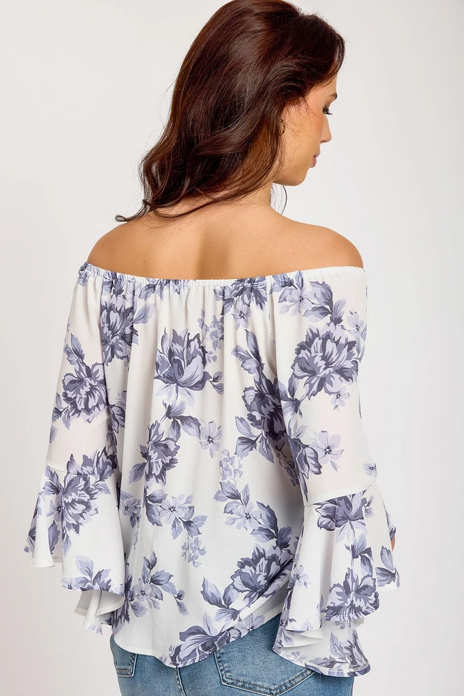 Floral Bell-Sleeve Off-The-Shoulder Blouse