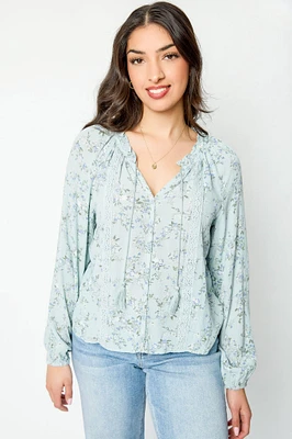 Floral Long-Sleeve Blouse with Lace Trim