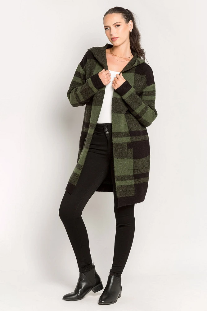 Plaid Hooded Cardigan Sweater