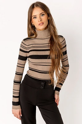 Oatmeal and Black Striped Ribbed Long-Sleeve Turtleneck