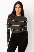 Striped Ribbed Mockneck Long-Sleeve Top