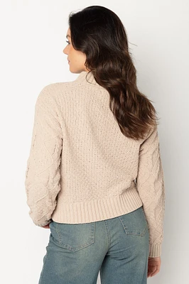 Dull Chenille Mock-Neck Sweater with Cable Stitches