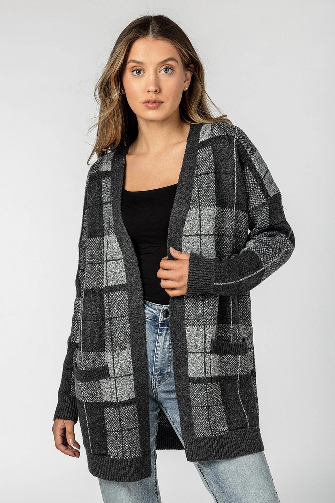 Plaid Open Cardigan with Pockets