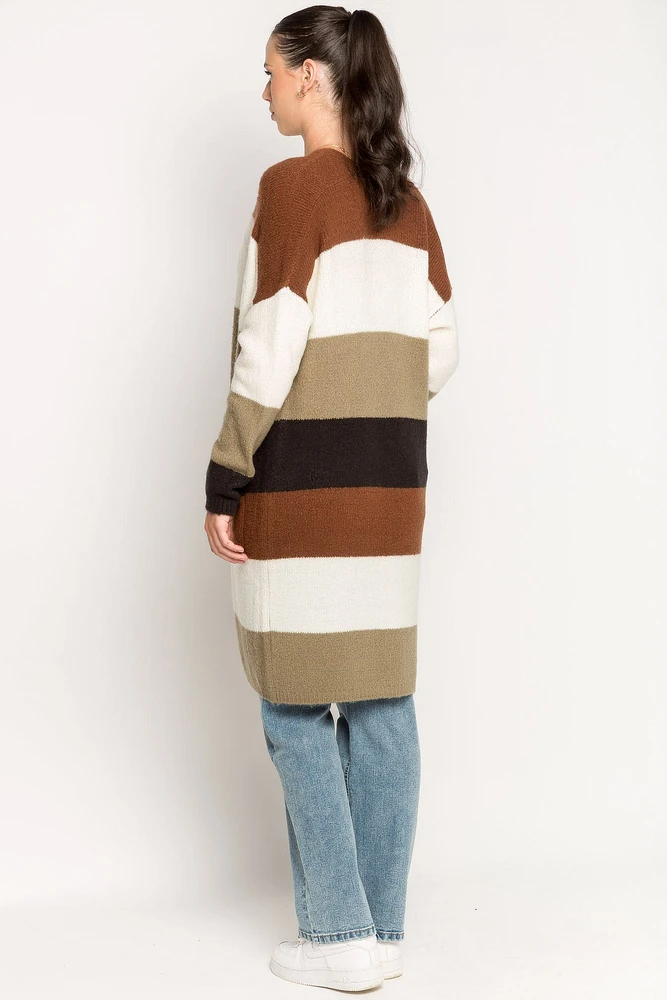 Stripe Long-Sleeve Open Cardigan with Pockets