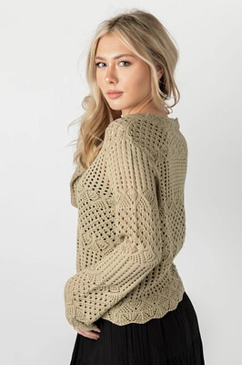 Crochet Knit Bell Sleeve Sweater