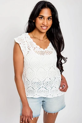 Crochet Cap Sleeve V-Neck Sweater