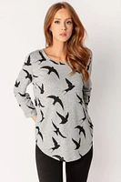 Bird Print 3/4 Sleeve Supersoft Scoopneck Sweater