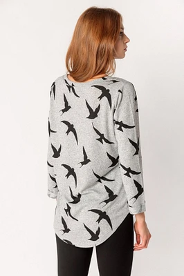 Bird Print 3/4 Sleeve Supersoft Scoopneck Sweater