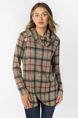 Plaid Hacci Crossover Cowl Neck Long Sleeve