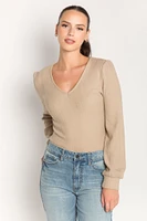 Cable Knit Balloon Sleeve V-neck Sweater