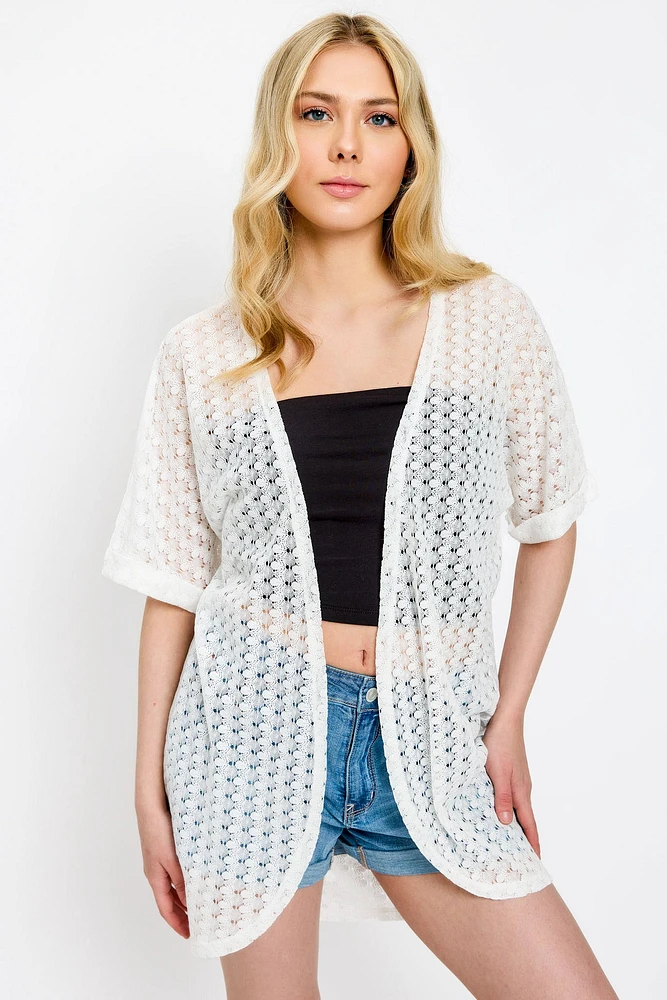 Crochet Knit Short-Sleeve Cocoon Cardigan