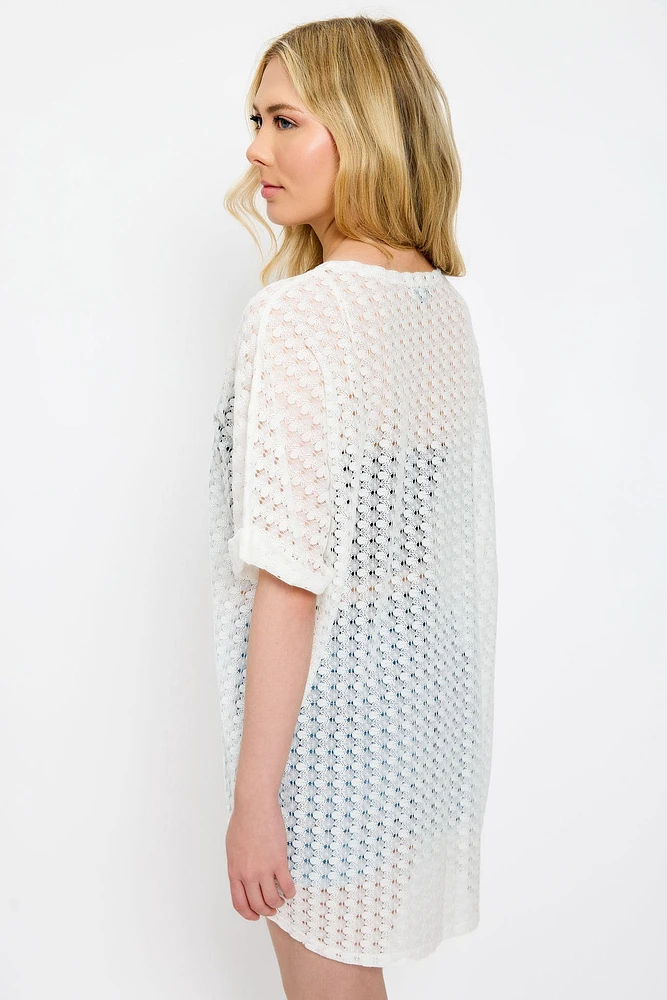 Crochet Knit Short-Sleeve Cocoon Cardigan