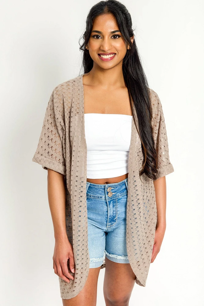 Crochet Knit Short-Sleeve Cocoon Cardigan