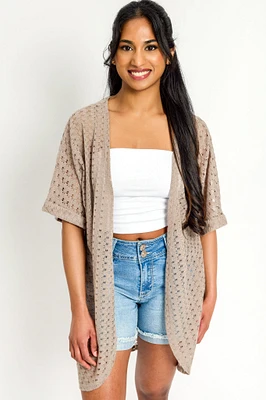 Crochet Knit Short-Sleeve Cocoon Cardigan