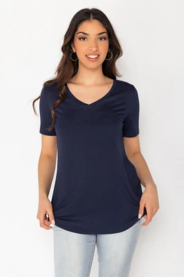 Short Sleeve V-Neck Tee with Shirttail Hem