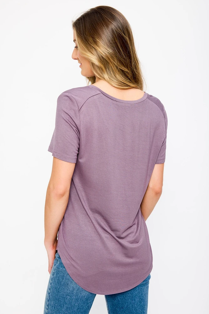 Short Sleeve V-Neck Tee with Shirttail Hem