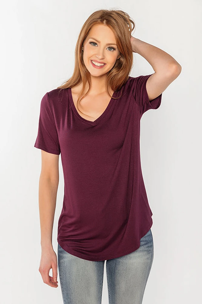 Short Sleeve V-Neck Tee with Shirttail Hem
