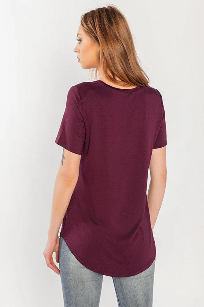 Short Sleeve V-Neck Tee with Shirttail Hem