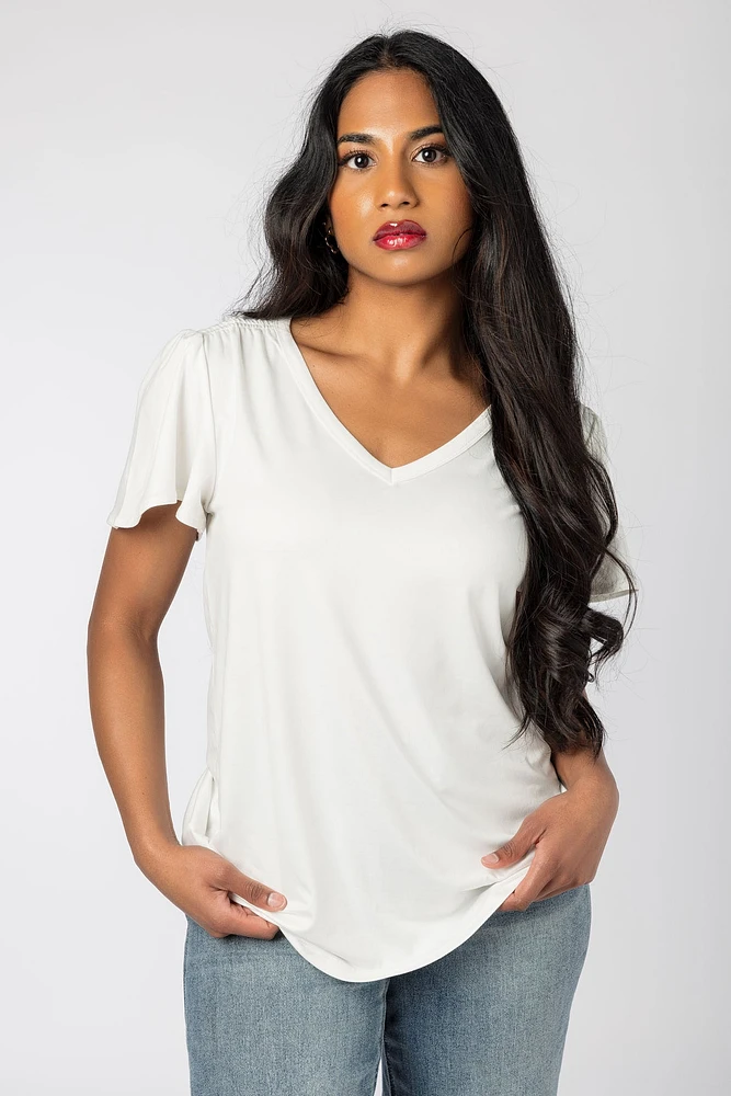 Flutter Sleeve V-neck with Ruched Details