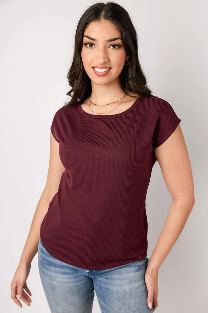 Ribbed Cap-Sleeve Tee with  Shirttail Hem