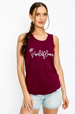 "Wildflower" Scoop-Neck Graphic Tank Top with Shirttail Hem