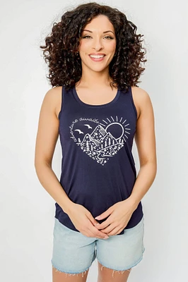 "Adventure Awaits" Sleeveless Crew-Neck Tank with Shirttail hem