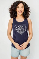 "Adventure Awaits" Sleeveless Crew-Neck Tank with Shirttail hem