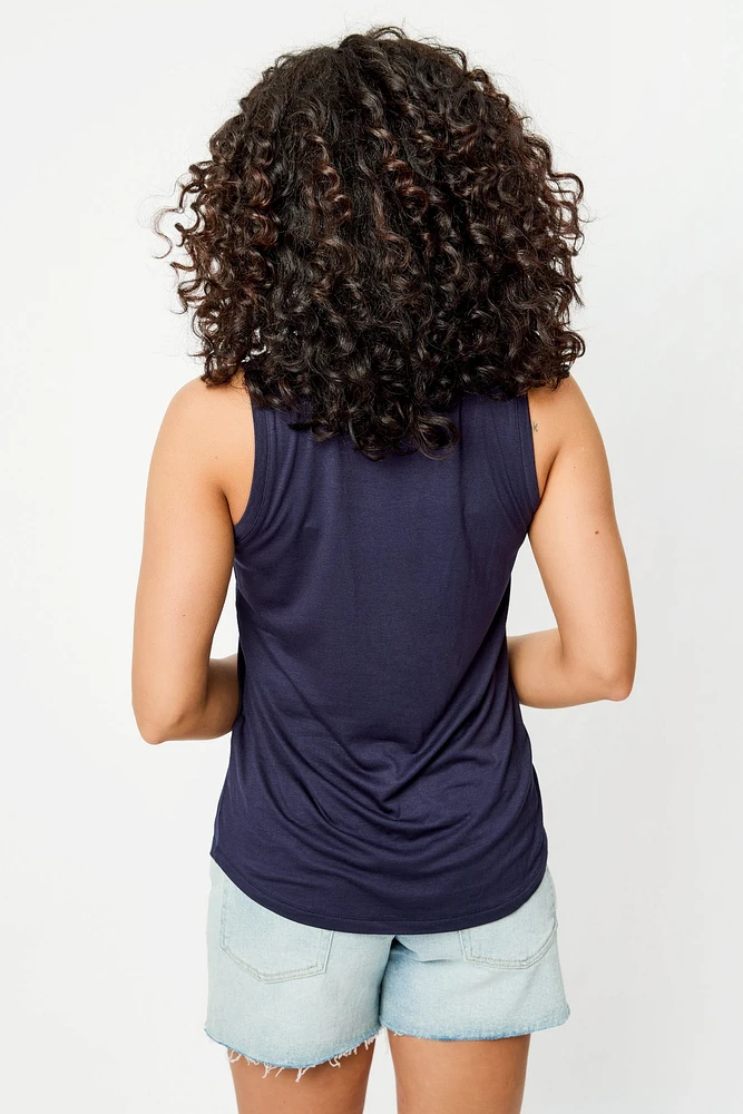 "Adventure Awaits" Sleeveless Crew-Neck Tank with Shirttail hem
