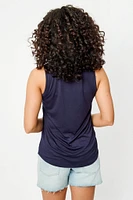 "Adventure Awaits" Sleeveless Crew-Neck Tank with Shirttail hem
