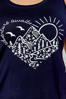 "Adventure Awaits" Sleeveless Crew-Neck Tank with Shirttail hem