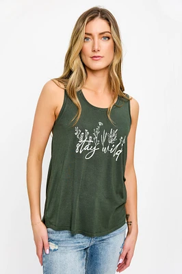 "Stay Wild" Sleeveless Crew-Neck Tank with Shirttail hem