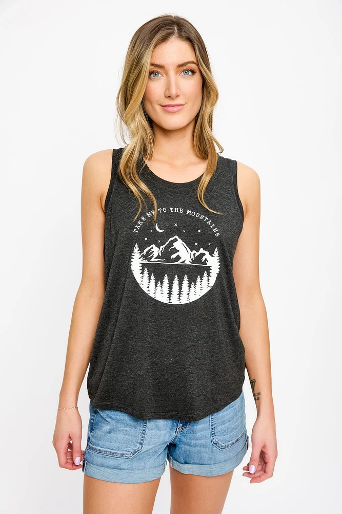 "Take Me to the Mountains" Sleeveless Crew-Neck Tank with Shirttail hem